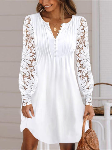 Women's Lace Button Date Vacation Elegant Split Neck Long Sleeve Lantern Sleeve Mini Dress