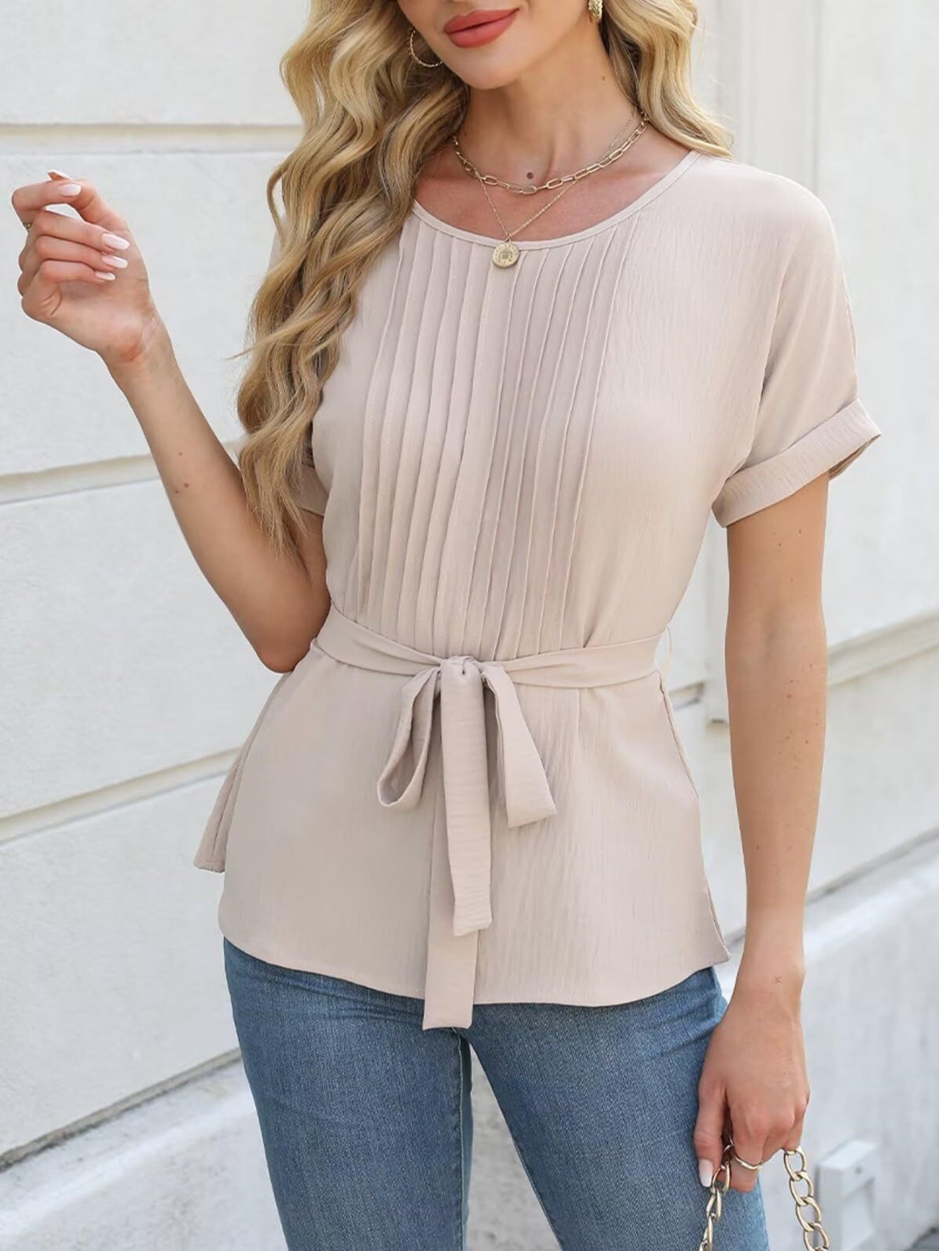 Short Sleeve Solid Color Pleated Waistband Casual Tops