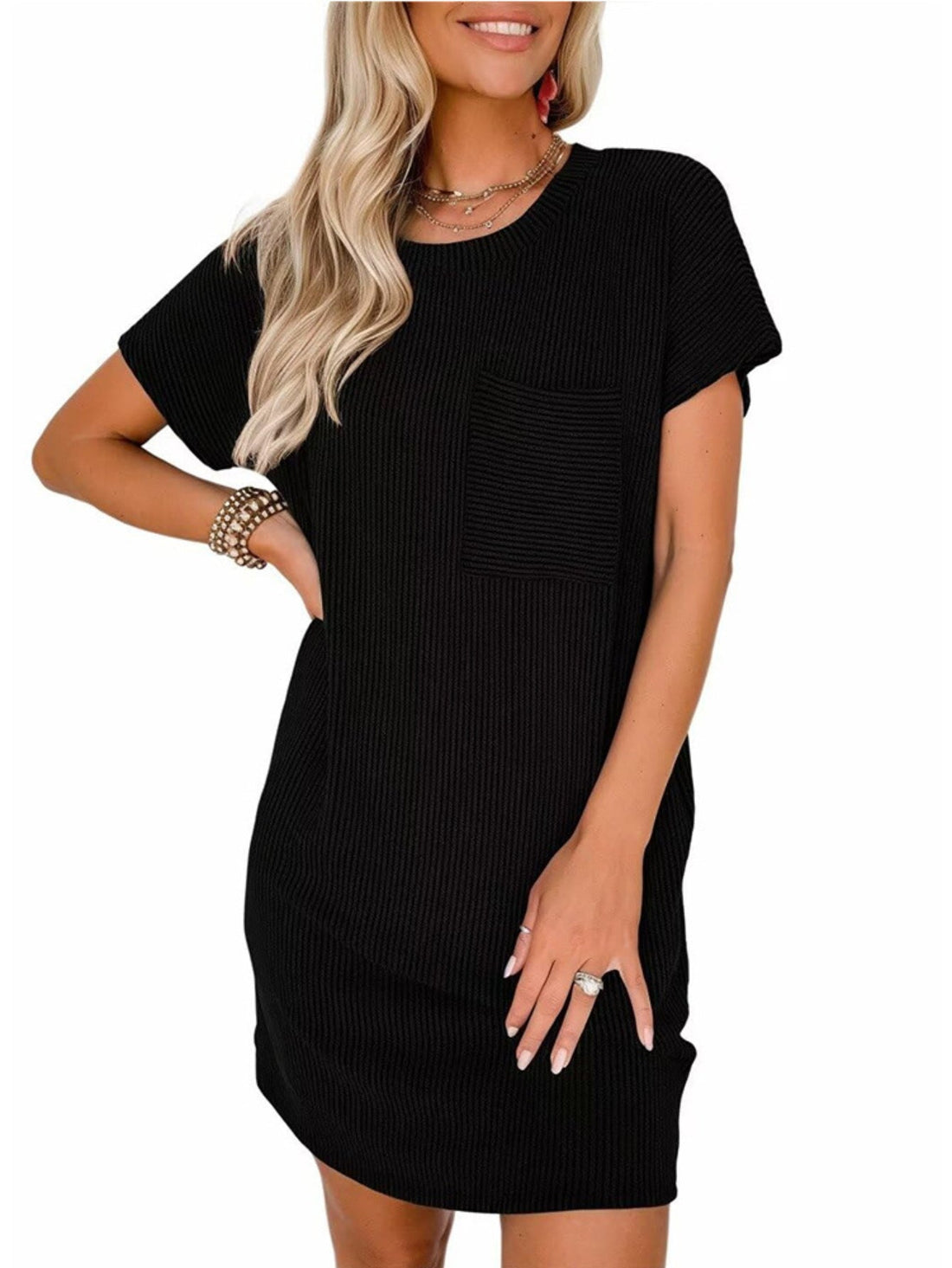 Acelitt Women Casual Summer Crewneck Short Sleeve Ribbed Mini Dress