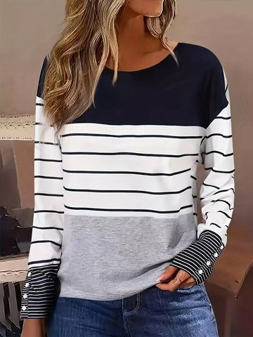 Stripe Print Colorblock Crew Neck T-Shirt, Casual Long Sleeve Top