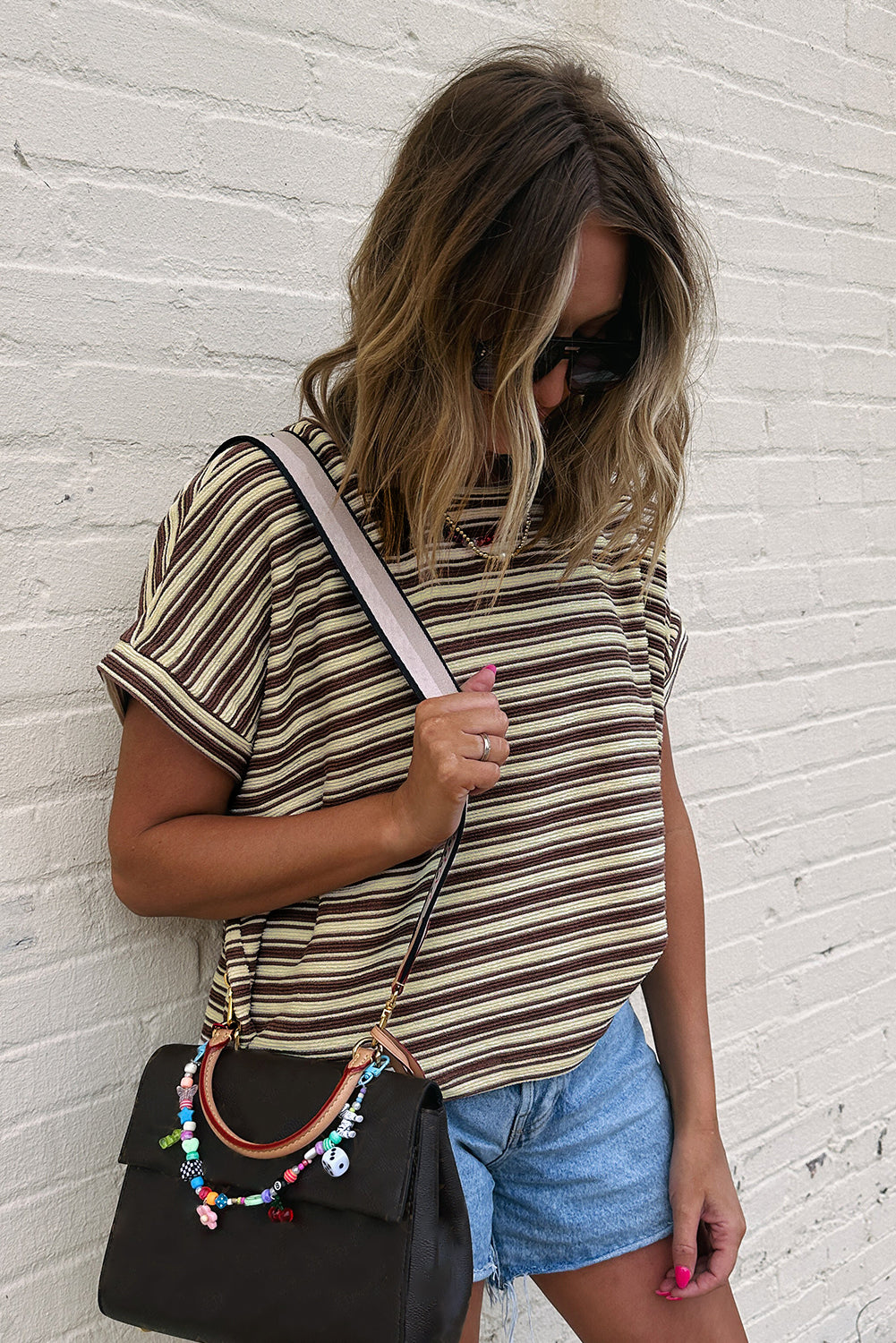 Brown Stripe Textured Side Slits Crew Neck T Shirt