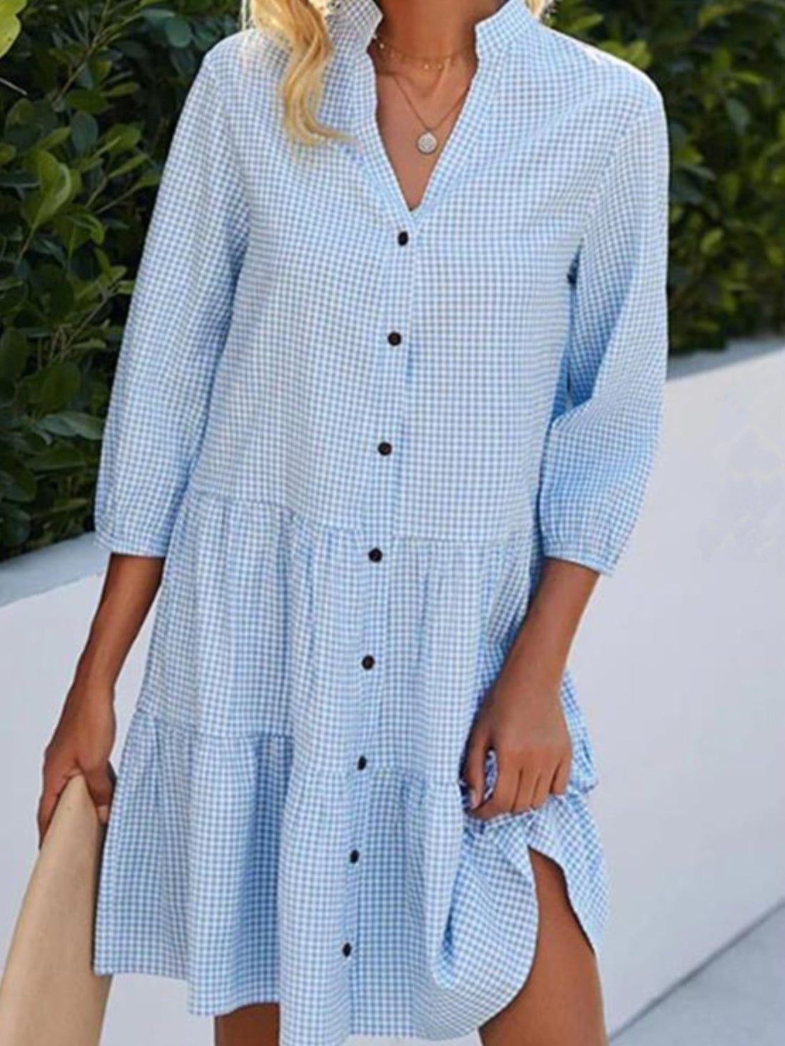 Plaid Buckle Stand Collar Casual Tunic Dress