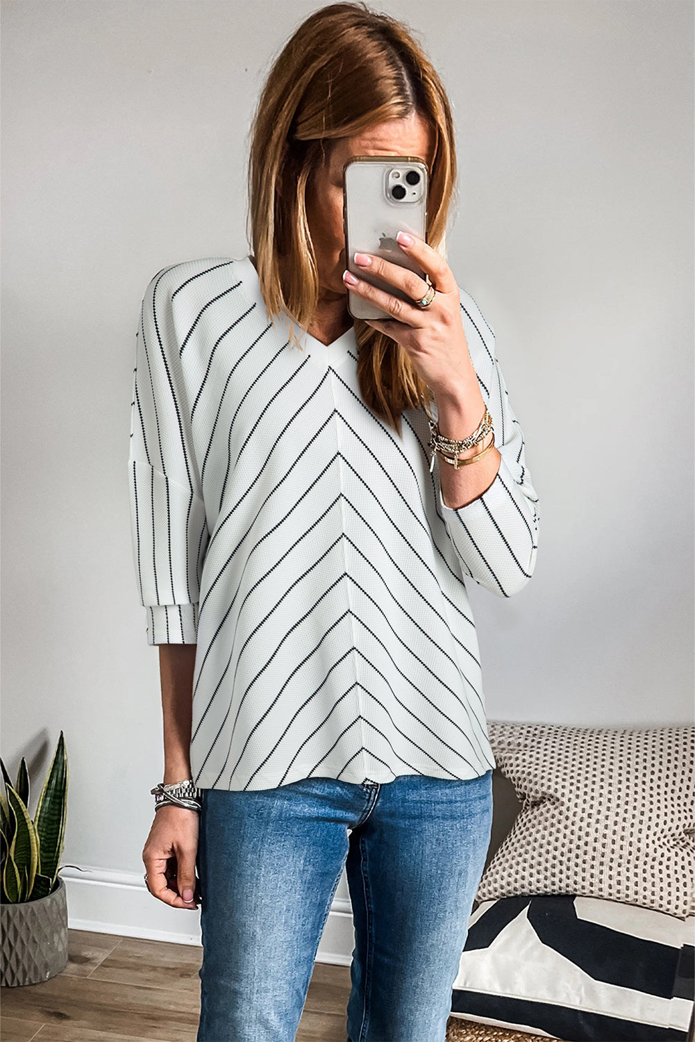 Black Stripe Chevron Striped V Neck Long Sleeve Casual Top