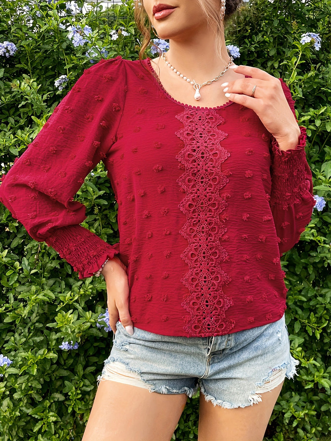 Swiss Dot Crew Neck Blouse, Elegant Long Sleeve Top