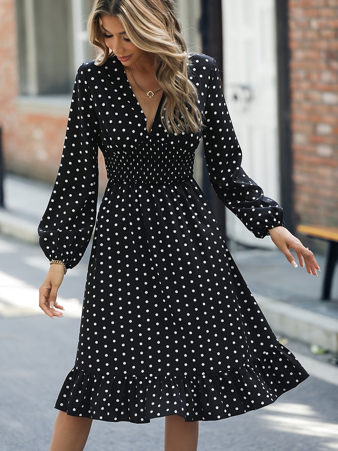 Retro V-neck Ruffle Dress, Polka Dot Print Long Sleeve Waist Loose Summer Dresses