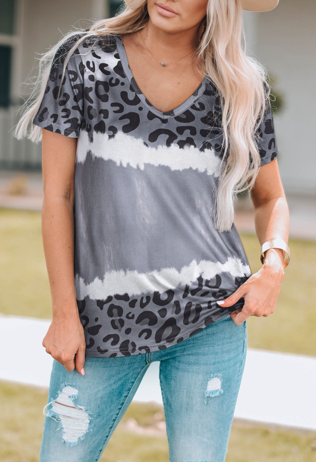 Gray Tie Dye Leopard Patchwork Short Sleeve Top