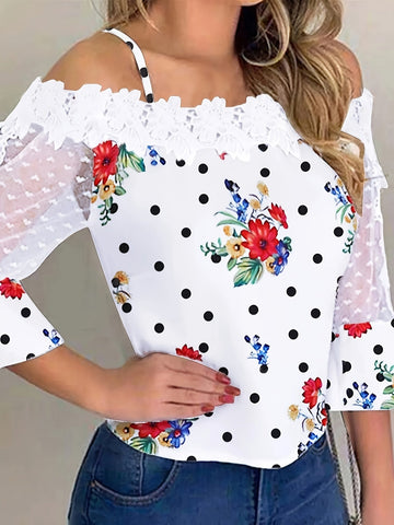 Floral Print Blouse, Casual Cold Shoulder Blouse