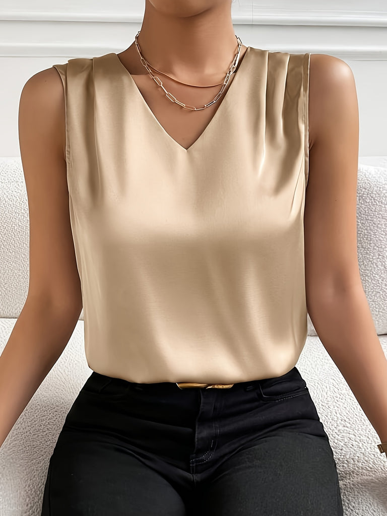 Solid V Neck Tank Top, Elegant Sleeveless Top