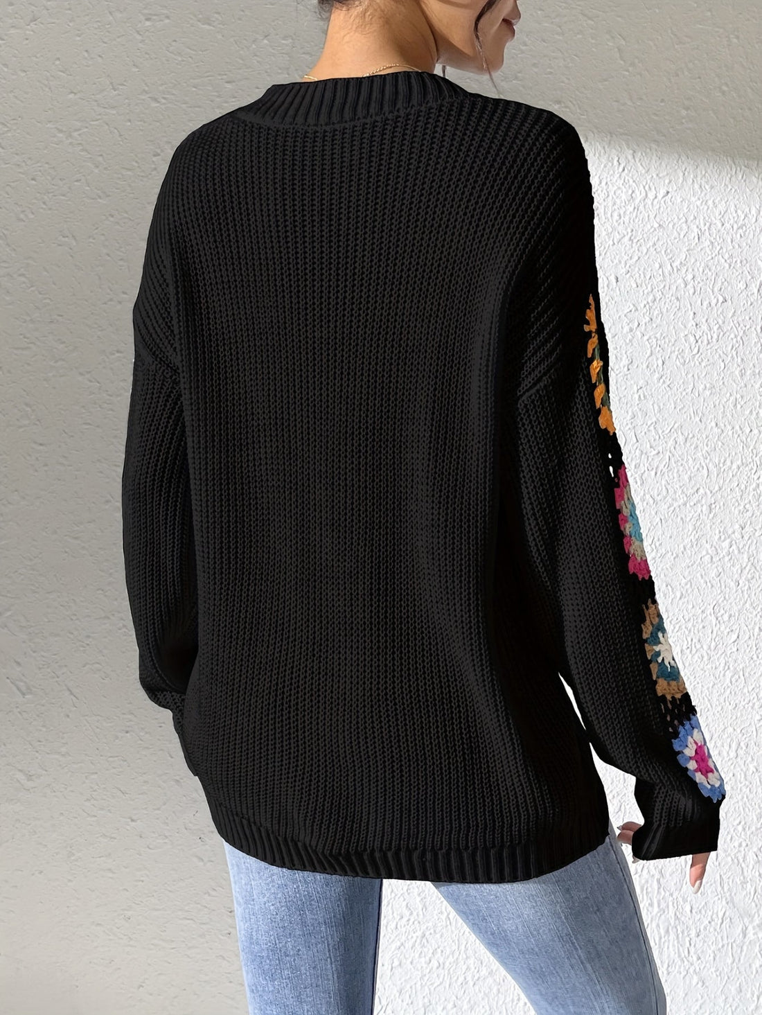 Floral Pattern Drop Shoulder Sweater, Elegant V Neck Long Sleeve Sweater