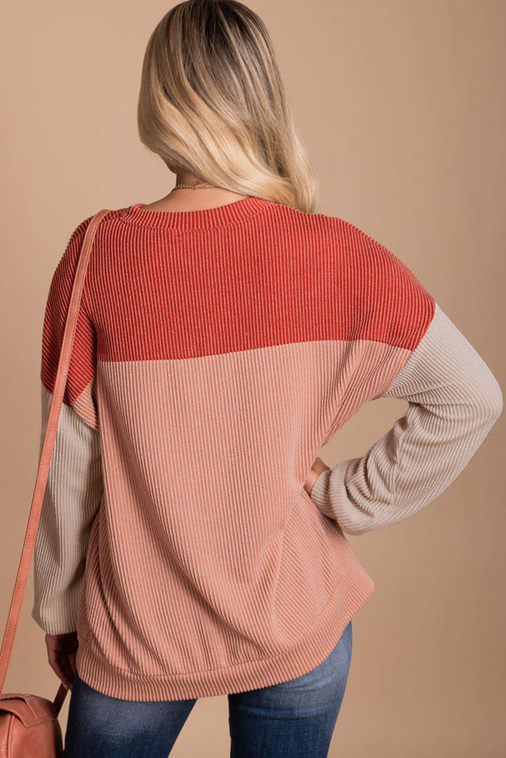 Fiery Red Color Block Long Sleeve Ribbed Loose Top