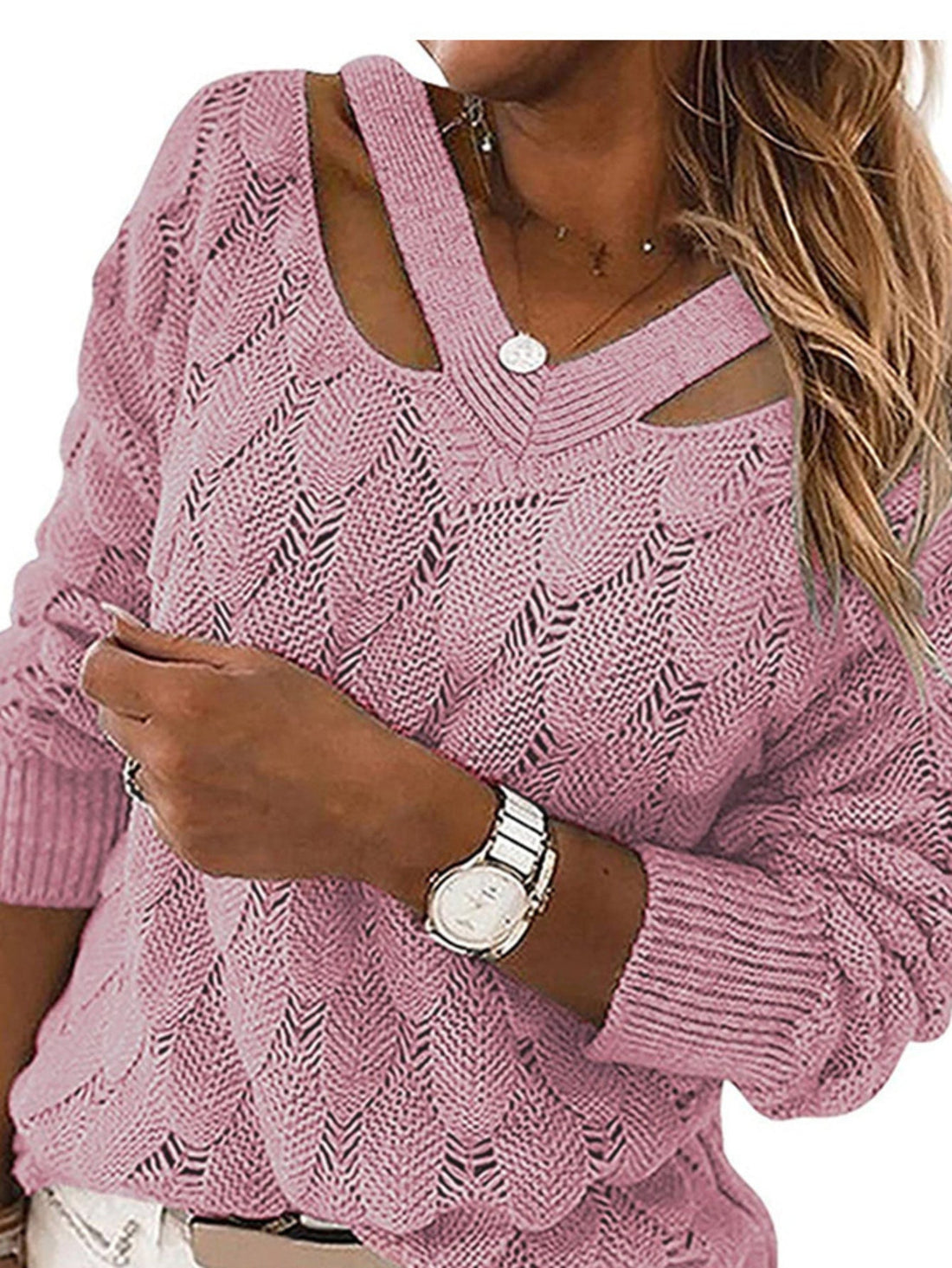 Cut Out Solid Knit Sweater, Casual V Neck Long Sleeve Sweater